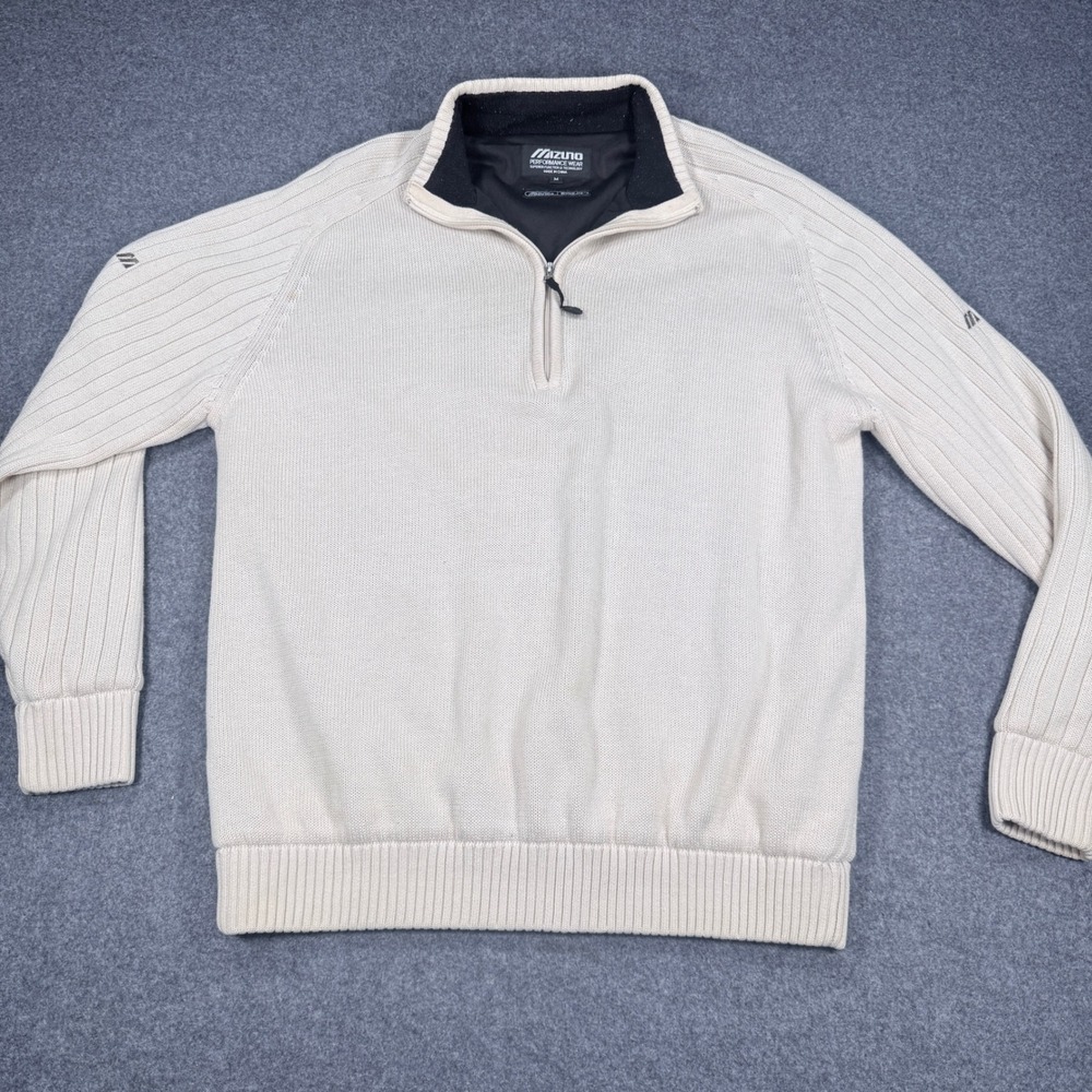Mizuno WindLite Quarter Zip Golf Sweater Medium White Cream Ribbed Knit Pullover